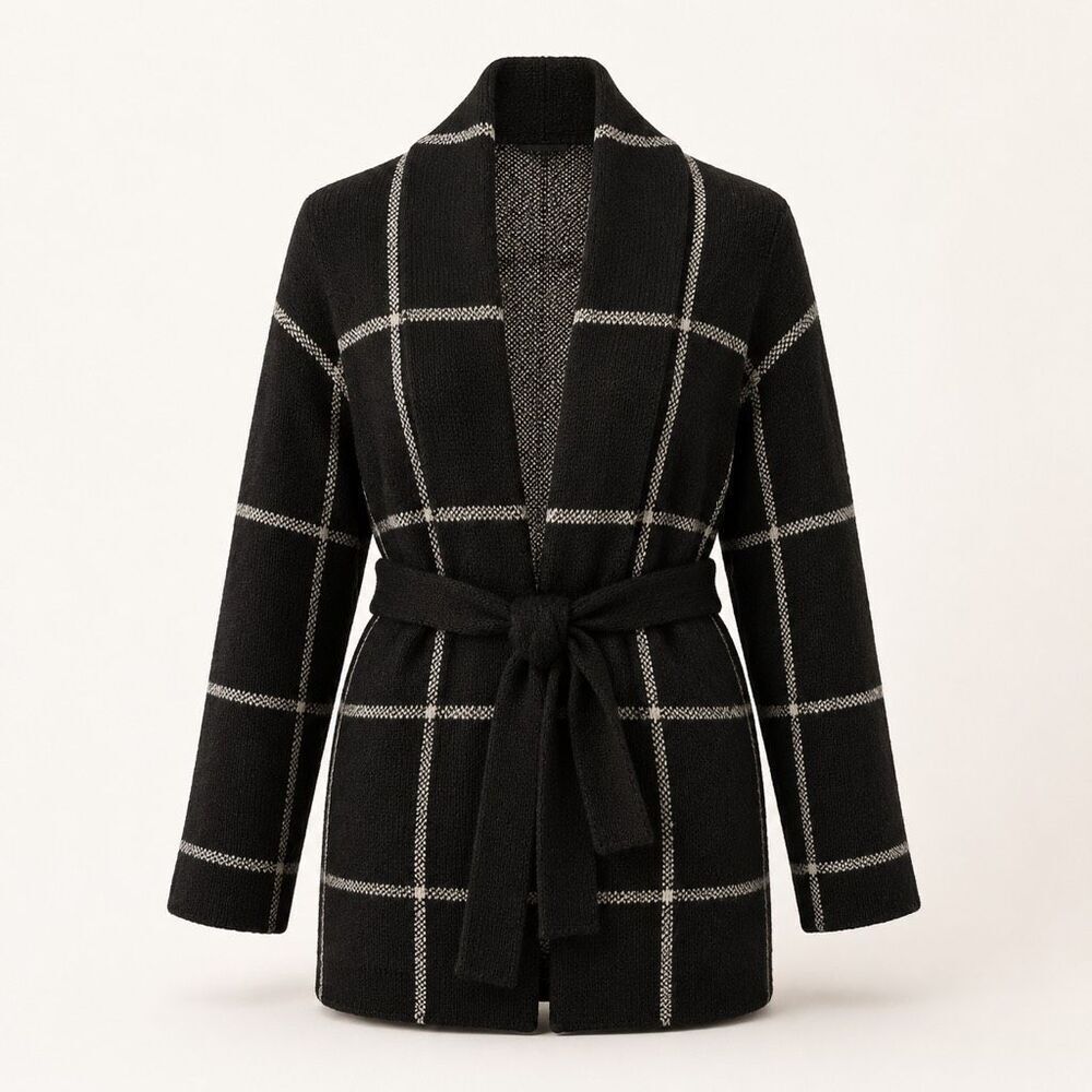 Time and Tru XXL Black Cream Plaid Tie-Waist Cardigan Sweater Size 20 Sweaters-1